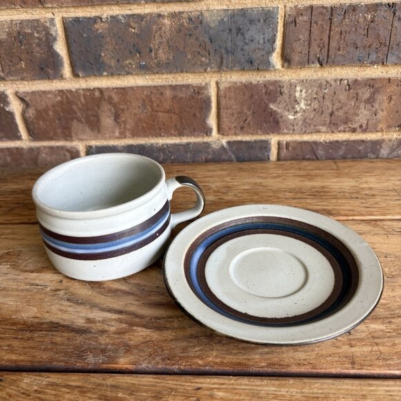 Otagiri HORIZON Speckled Stoneware Soup Mug and Saucer Brown/Blue Bands Japan - Picture 2 of 13